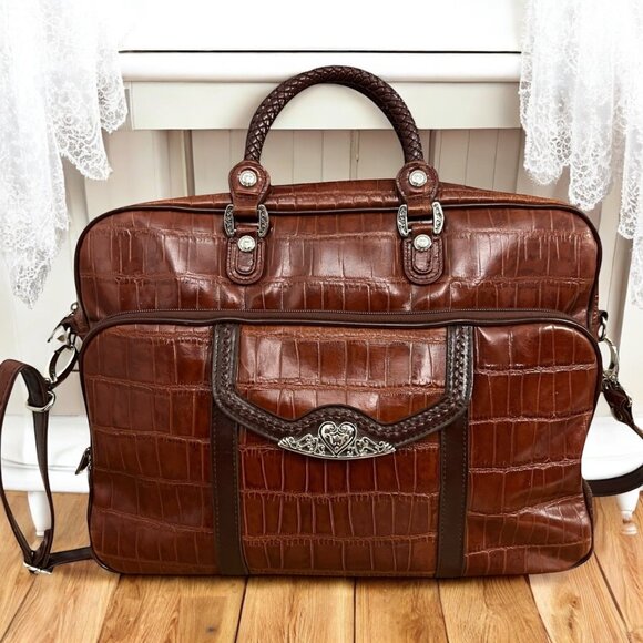 Marc Chantal Brown Leather Croc Embossed Messenger Bag‎ Top Handle Crossbody - Picture 1 of 15